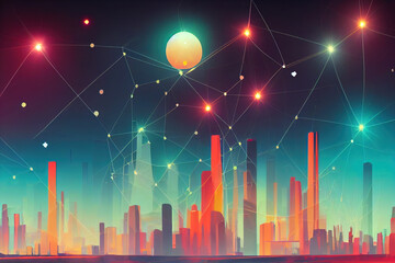 Wall Mural - Abstract digital landscape with particles dots and stars on horizon, Wireframe landscape background, Big Data, 3d futuristic illustration, 80s Retro Sci-Fi Background anime style, cartoon style