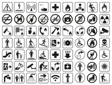 A Set Of Basic Signs That Are Used In Public Places. Black And White Monochromatic Signs On A White Background.