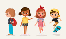 Set Of Preschoolers Children Teenagers Characters In Different Poses, Clothes, Wear. School Kids Vector.
