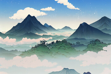 Wall Mural - Beautiful scenery of mountains in Okayama prefecture, Japan anime style, cartoon style toon style
