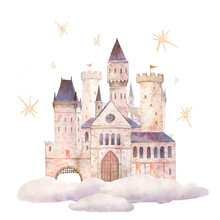 Watercolor Fantasy Castle. Sky Kingdom With Clouds. Fairytale Illustration