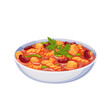 Minestrone, Italian food vector illustration. Cartoon isolated glass bowl with pasta, beans and vegetables, cheese and tomatoes in homemade thick soup, gourmet minestrone dish in cuisine of Italy