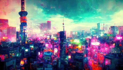 Wall Mural - modern cityscape with skyscrapers and city skyline. CG Scenery Artwork. 