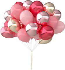 Wall Mural - 3d render illustration of realistic pink and golden balloons on transparent background. Big bunch of balloons