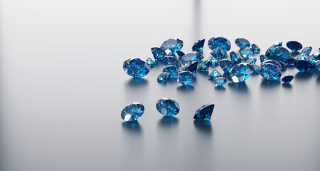 Poster - Group of Blue diamond sapphire placed on glossy background 3d rendering