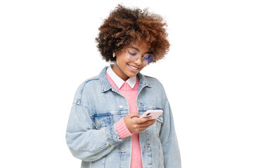 smiling african american teenage girl with afro hairstyle, holding phone with one hand, chatting wit