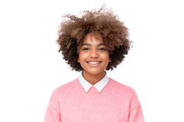 studio portrait of smiling african teen girl with curly afro hairstyle isolated