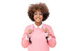 © Damir Khabirov - Studio portrait of smiling african american school girl or college student with curly afro hair and pink backpack, isolated