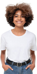 portrait of cheerful african teen girl wearing white t-shirt