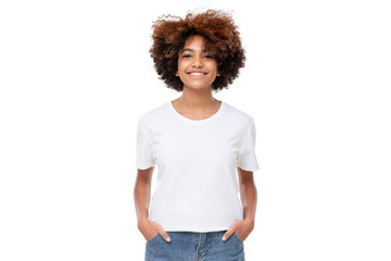 Front view of african american girl standing with hands in pockets, wearing blank t-shirt with copy space