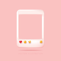 Social media photo frame with love, comment, share and save icon, sending messages, save icons. Vector illustration in minimal 3D style