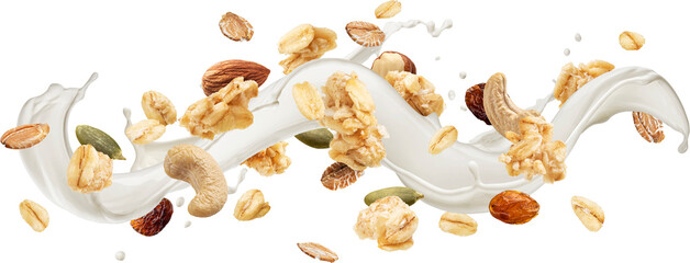Wall Mural - granola with milk splash isolated