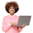 © Damir Khabirov - Studio portrait of smiling african american teen girl looking at camera, online course student holding laptop