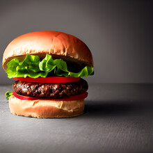Side View Of Hamburger With Lettuce Tomato Cheese, On A Gray Background, With Side Lighting