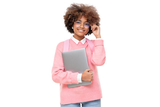 studio portrait of smiling african american teen girl, online course or high school student holding 