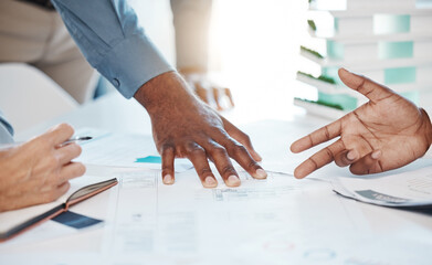 Aufkleber - Business meeting, report planning and writing strategy in book at work, marketing team doing collaboration and communication about documents. Hands of employees thinking of idea for advertising