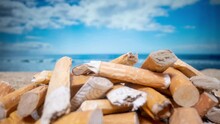 Cigarette Stubs On A Sandy Beach