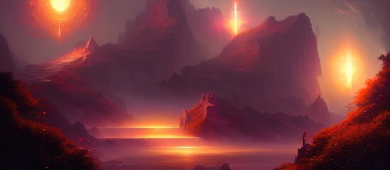 Abstract fantasy neon space landscape. Star nebulae, month and moon, mountains, fog. Unreal fantasy world. Silhouettes, horoscope, zodiac signs. 3D illustration.