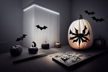 Canvas Print - Carved pumpkins, bats and spiders near black front door of modern house with white walls and black bench, Concept of halloween v1