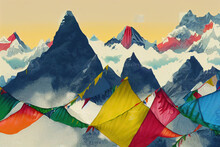 Colorful Prayer Flags On The Everest Base Camp Trek In Himalayas, Nepal, View Of Mount Ama Dablam And Mount Kangtega, Anime Style, Cartoon Style Toon Style V1