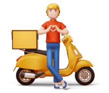 Delivery Man Doing A Heart Shape With Hands And A Delivery Motorcycle, 3d Rendering.