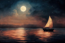 Vintage Sailboat In The Open Sea Under The Night Sky. Big Full Moon, Reflection Of Light In The Water. Fantasy Sea Landscape. 3D Illustration.