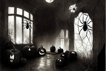 Canvas Print - Dark interior of the house decorated for Halloween pumpkins, webs and spiders , Hand drawn v1