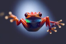 Photo Of A Frog In Flight On A Dark Blue Background. 3D Rendering
