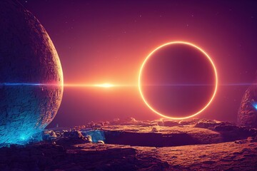 Poster - A penultimate eclipse of the sun over a rocky desert. 3D illustration