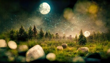 Poster - The full moon is setting over the valley among the woods. 3D illustration
