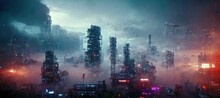 Destroyed Buildings Of The Metropolis Stand In Smoke. 3D Rendering