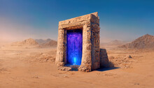 In The Midst Of The Cave Desert Stands The Entrance To Another Dimension. 3D Rendering