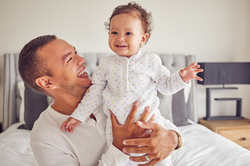 Sticker - A happy dad and baby with smile on the bed at home, having fun and laughing together. Portrait of man bonding, smiling and playing with kid in bedroom. Family, love and care from father