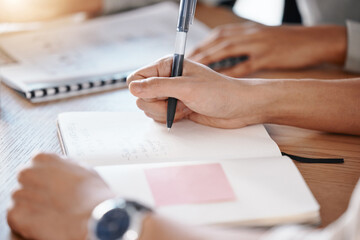 Poster - Business hands writing notes, schedule and planning ideas, meeting administration and research paper notebook on desk office. Closeup of event planner reminder, team agenda and journalist information