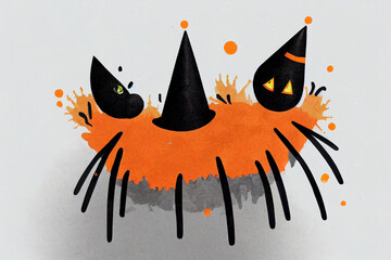 Canvas Print - Funny Abstract Hand Drawn Happy Halloween Illustration, Freaky Black Cat, Angry Pumpkin, Cute Black Spider, Creepy Clown in Orange Party Hat, Black Hand Written Letters on a Gray Background v1