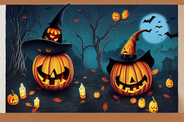 Canvas Print - Find difference, Halloween cartoon game or spot puzzle, , Kids school or preschool find difference game background with Halloween pumpkin monsters, witch on broom and ghosts on cemetery in night v1