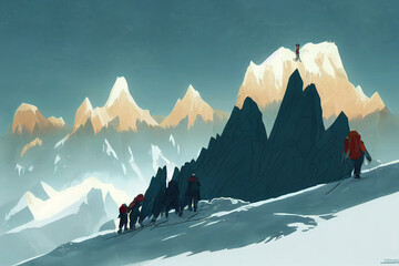 Canvas Print - Mountaineers help each other to reach the summit anime style v3