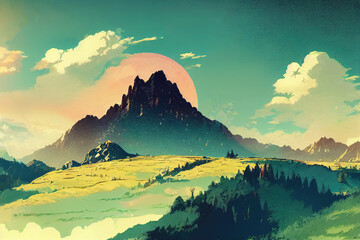 Poster - Panoramic mountain landscape in spring with sunlight, Filtered image cross processed vintage effect, anime style, cartoon style toon style v2