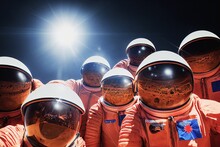 Group Of Astronauts Make A Selfie In The Space, Explores The Surface Of Mars. 
