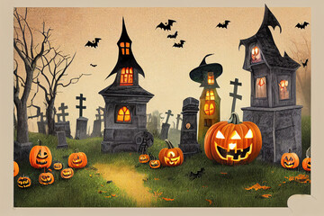 Wall Mural - Find difference, Halloween cartoon game or spot puzzle, Kids school or preschool find difference game background with Halloween pumpkin monsters, witch on broom and ghosts on cemetery in night v3