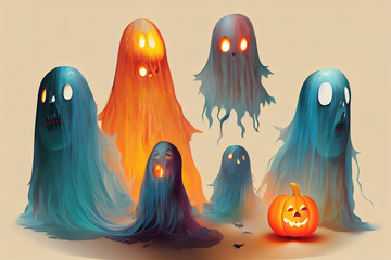 Poster - Ghost for Halloween, Set of multi-colored Ghosts with scary and evil emotions on their faces, Creative concept idea, Realistic 3d design, Traditional elements of decor for holiday v3