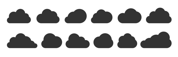 clouds black flat icon set isolated on white. different shape cloud abstract web banner template. di