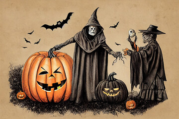 Wall Mural - give it to you, gothic man in Halloween costume, senior man hold pumpkin, old man in magic hat and cloak, Jack-o-lantern, Fantasy horror Halloween, Halloween decoration and scary concept, 31 october