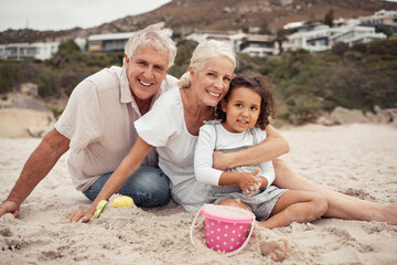 Wall Mural - Beach, family and love with a girl and her grandparents on the beach together for fun, bonding and holiday. Travel, vacation and smile with a happy senior couple and their granddaughter on the sand