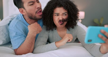 Poster - Comic, couple and phone selfie in bed with crazy face poses in a home bedroom having a fun time. Comedy, funny and joke faces of happy people on a morning using mobile technology together as a house