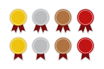 Gold, silver, bronze, and red sticker label set with ribbon.