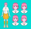 Sprite sheet of an anime girl with bob haircut. Design of a
cartoon character showing different expressions and emotions.