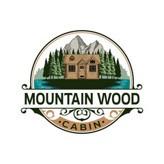 Vintage logo design illustration of mountain log cabin with mountain and pine tress and lake view