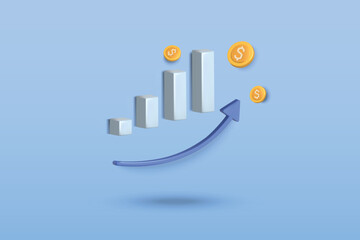 Wall Mural - growing bar graph with money concept on blue background. 3d vector illustration design.