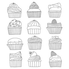 Wall Mural - Hand drawn variety sweet cupcakes collection in doodle art style on white background